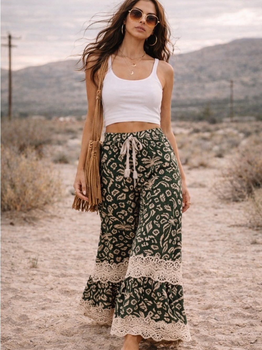 Boho Palm Print Lace Trim Wide Leg Pants S/M Flowy Festival - Picture 2 of 11